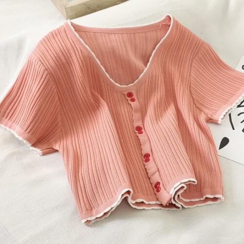 HELIAR Women Summer T-Shirts V-Neck Knitted Crop Top Short Sleeve Button Up Tees Casual Streetwear Knitted T-shirts