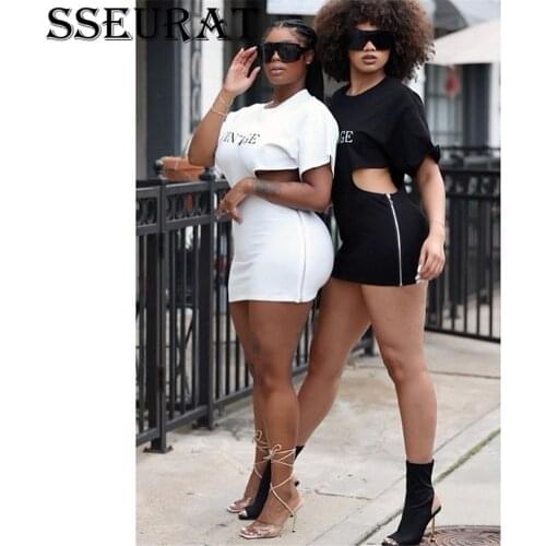 SSEURAT Women Mini Dress Letter Print Short Sleeve Hollow Out Bodycon Dresses Casual Fashion Summer