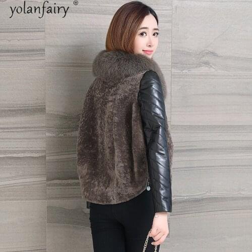 Real Fur Coat Female Fox Fur Collar Winter Genuine Sheepskin Leather Jacket 100% Wool Fur Coats Korean Womens Clothing 2021