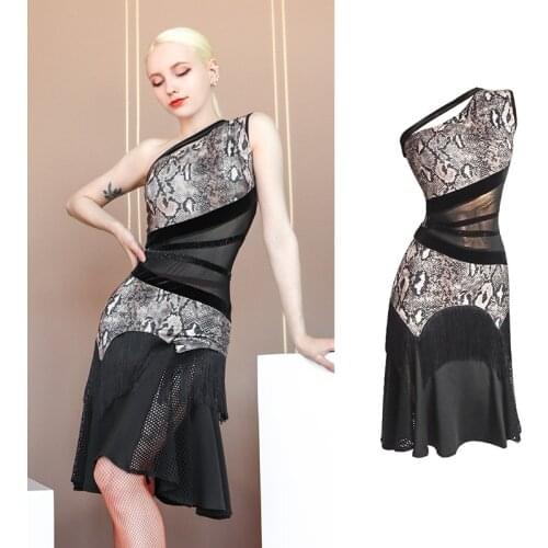 Off-Shoulder Latin Dance Dress Women Tassel Tango Samba Competition Costume Snake Pattern Performance Stage Clothing VDB3940