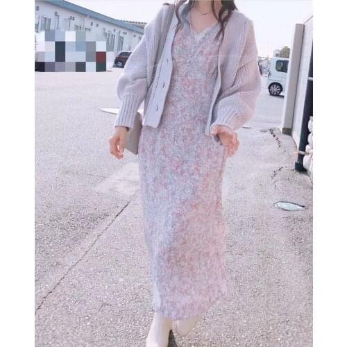 Ladies 2021 Newest Spring Summer V-neck Flower Floral Print Mid-length Dress With Tie Cuffs & Back With Lace-up Detail