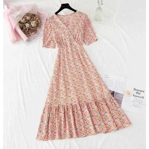 2021 Summer Vintage Floral Print Bohemian Chiffon Dress Women Short Sleeve A Line Sweet V Neck Beach Long Dress Vestidos
