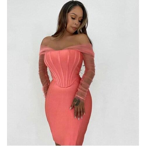 2021 new high-quality pink and white off-shoulder mesh sleeves rayon bandage sexy dress elegant evening dress Vestidos 6 orders