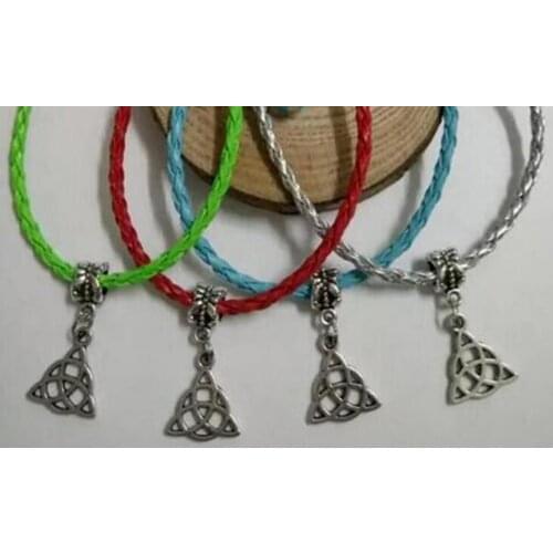 10Pcs Fast shipping Braided knot Trinity Knots Triquetra Dangle Bead Pendant Mixed Color Leather Braided Rope Bracelets Jewelry