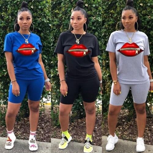 2020 Women Sets Summer Tracksuits Leisure Wear Mouth Print T-Shirts+Shorts Suit Two Piece Set Club Party Street 2 Pcs Outfits