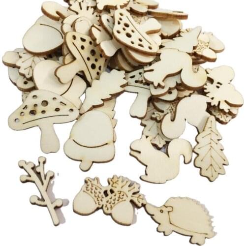 50pcs Wooden Cartoon Crafts Unfinished Wood Animal Mushroom Leaf Embellishments for DIY Art Craft Christmas Decorations