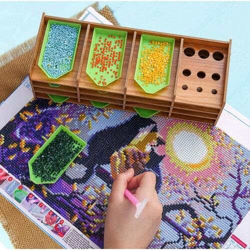 5D DIY Wooden Diamond Painting Organizer 15-Grid Drill Holder Tool Storage Tray Painting Pen Organizer Embroidery Accessories