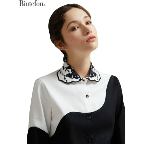 【Biutefou】Original Design 2021 Women Embroidery Color Block Long Sleeve Slim Shirt