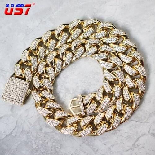 US7 19mm Miami Cuban Link Chain Spring Buckle CZ Stones Gold-plated Necklace For Men Women Hip Hop Fashion Jewelry Gifts