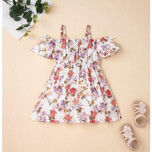 Children Summer Big Girls off-the-shoulder Stripes Flower Casual Dress Sundress