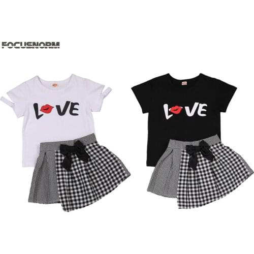 2020 Summer Kids Baby Girls Clothes Sets Love Letter Print T Shirts Tops+Plaid A-Line Skirts 2pcs
