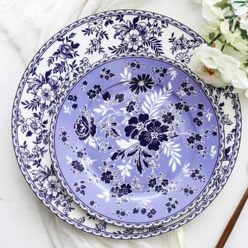 Blue and White Cutlery Chinese and Western Cuisine Flat Plate Western Steak Plate Fruit Dim sum Plate Bone Porcelain Creative