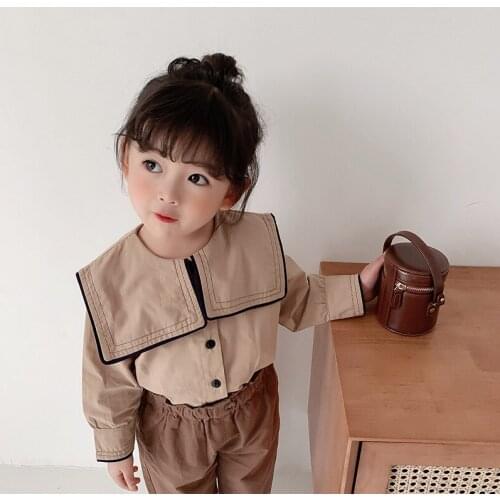 Girls cotton big turn-down collar long sleeve shirts Spring casual sailor style base Tops