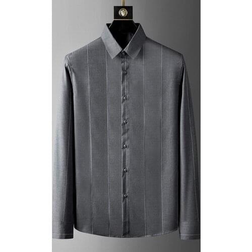 Classic Striped Men Shirt Long Sleeve Slim Business Formal Dress Shirts Wedding Social Party Tuxedo Male Clothing Chemise Homme