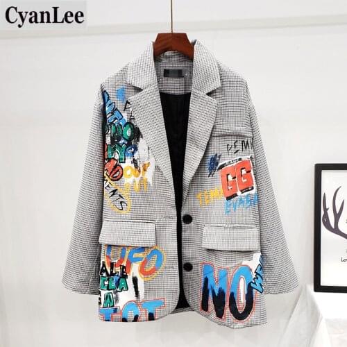 Cyanlee Spring And Autumn New Gray Plaid Unisex Long-sleeved Suit Jacket Female Mid-length Color Letter Graffiti