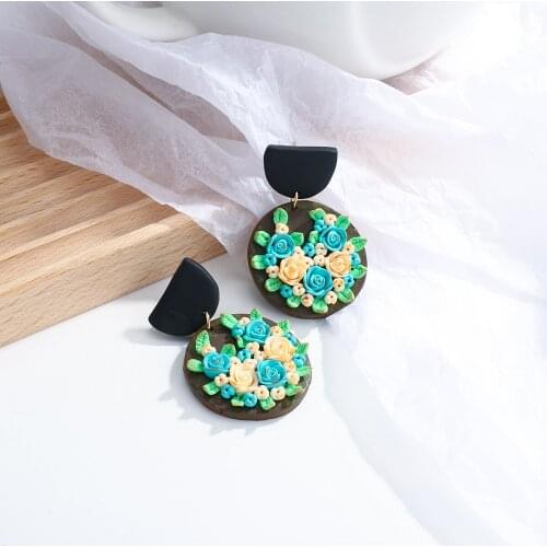 Lifefontier Handmade Blue 3D Flowers Drop Earrings Unusual Polymer Clay Flower Dangle Earrings for Women Fashion Jewelry 2021
