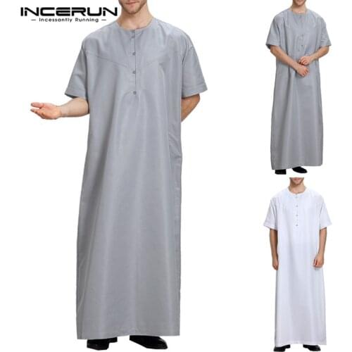 Muslim Arab Clothing Men Dress Thobes Short Sleeve Button Casual Robe Dubai Middle East Male Islamic Muslim Kaftan INCERUN M-5XL