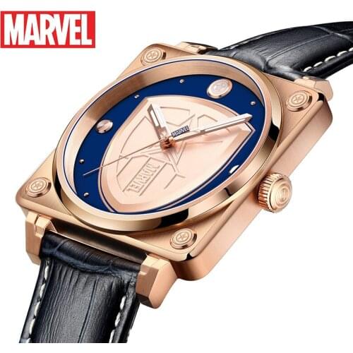 Disney Official Marvel Captain America Shield Cartoon Men Japan Quartz WristWatch Leather 50m Watreproof Rectangle Dial Luminous