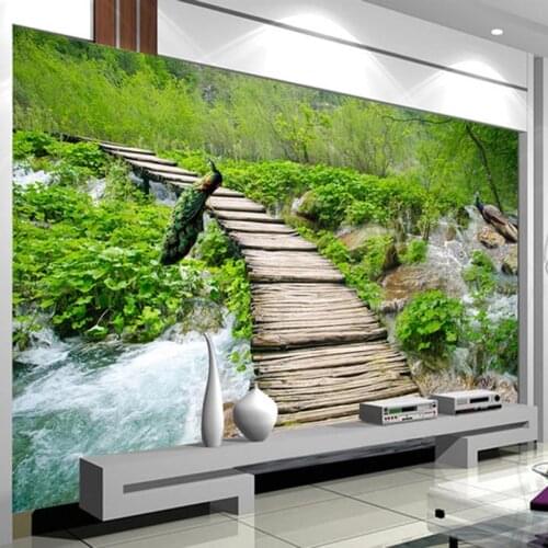 Custom 3D Photo Wallpaper Mural Peacock Forest Stream Small Road Landscape Wall Painting Wallpaper For Living Room Bedroom Walls