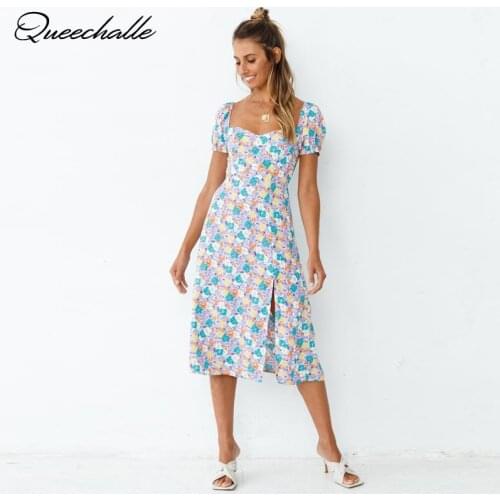 Boho Long Dress Women Vintage Floral Print Short Lantern Sleeve A-line Maxi Vestidos Summer New Elegant Back Ties Split Dresses