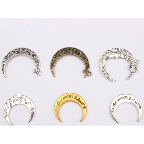 10PCS Metal Engraved words/Hollow Moon Charms Antique Silver/Gold/Bronze Color Pendant Neacklace Accessories For Jewelry Making