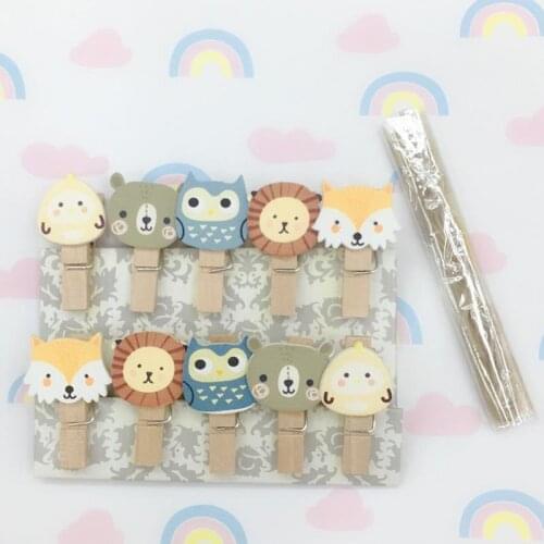 10 Pcs/pack Cute Forest Animal Fox Lion Wooden Clip Photo Craft DIY Clips with Hemp Rope Clothespin Clips Party Decor