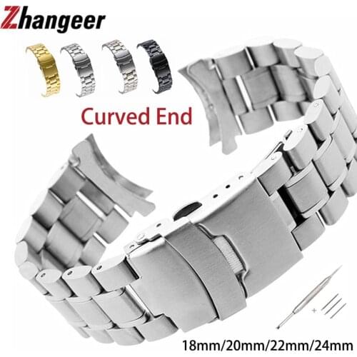 Stainless Steel Watchband 18 20 22 24mm Universal Arc Interface Curved End Straps Wristband Safety Folding Buckle Accessories
