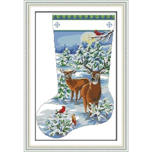 Elk Christmas stocking cross stitch kit snow 18ct 14ct 11ct printed canvas DMC color cotton thread embroidery DIY Dreamfounder