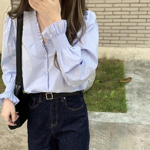 Vintage Puff Sleeve Buttoned Up Shirts Spring Fall Prom Blouse Korean Sweet Tops Blouse Female Plus Size Office Lady Blue Blouse