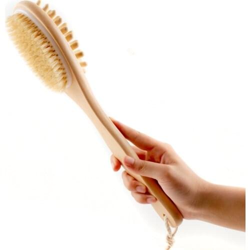 35cm 2-in-1 Sided Natural Bristles Brush Scrubber Long Handle Wooden SPA Shower Brush Bath Body Massage Brushes Back Easy Clean