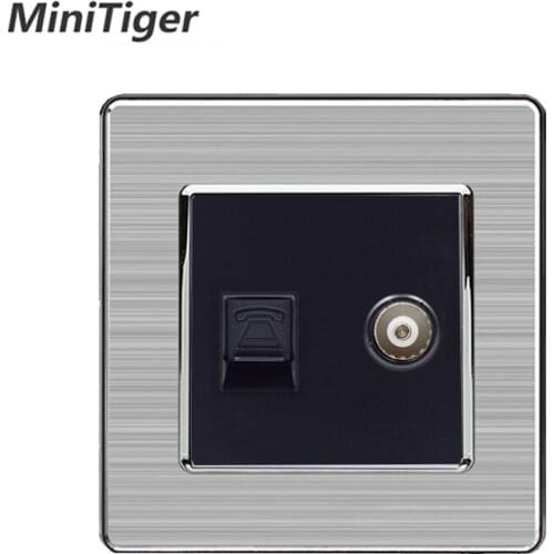 Minitiger 2 Gang RJ11 2 Core Telephone Connector With Female TV Jack Stainless Steel Brushed Panel Wall Socket Outlet