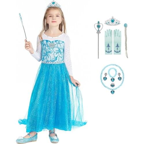 Snow Queen Girls Blue Elsa Dress For Kids Cosplay Costume Princess Snowflake Dresses Halloween Birthday Party Wedding Clothing