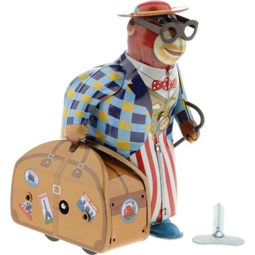 Retro Wind Up Walking Old Monkey On Business with Suitcase and Crutch Model Tin Toy Collectibles