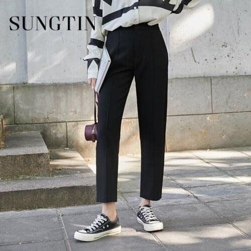 Sungtin Casual Office Lady Pants Women High Waist Straight Soft Ankle Length Pants Black Loose Pencil Pants Korean Chic Spring