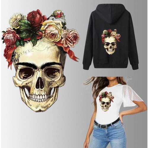 Cute Flower Skull Thermal Patches Sticker Print-on Women Men T-shirt Jacket Iron On Patches For Clothes Transfert Thermocollants