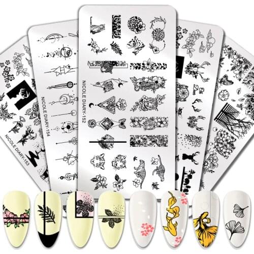 NICOLE DIARY Flower Animals Nail Stamping Plates Rectangle Floral Design Stamp Templates Nail Art Tool Printing Stencil Plant