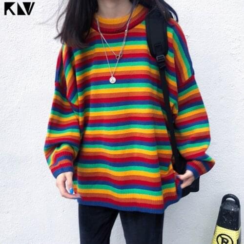 Women Teens Autumn Long Sleeve Knit Sweater Korean Harajuku Rainbow Stripes Patchwork Loose Jumper Hip Hop Pullover Tunic Tops