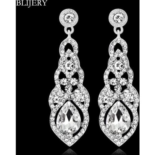 BLIJERY Champagne Red Blue Silver Color Crystal Wedding Long Earrings for Women Fashion Bridal Drop Earrings Wedding Jewelry