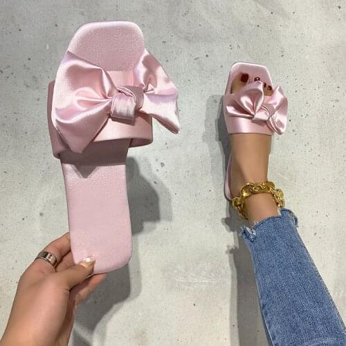 2021 Women Bow Square Toe Summer Slippers Woman Solid Casual Flats Female Comfortable Shoes Ladies Big Size Footwear