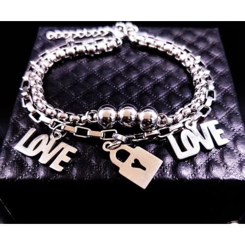 Love Lock Stainless Steel Bracelet Women Double Silver Color Bracelets & Bangles Jewelry pulseras para las mujeres B61472S02