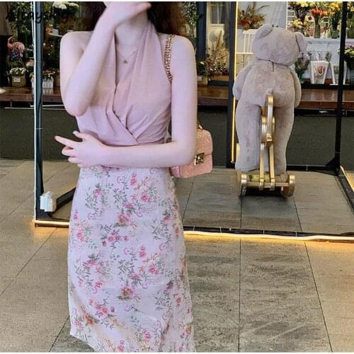 Dress Sets Women Summer Halter Slim Solid Top Sexy Elegant Vintage Printing Skirt Female Leisure Trendy Tender Comfortable Ins