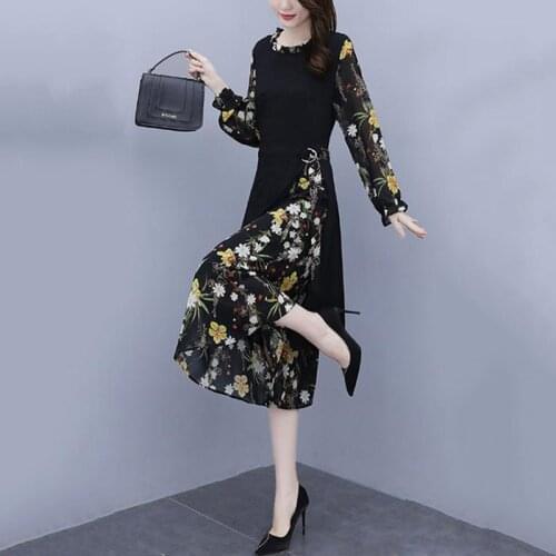 L-5XL Plus Size Womens Dress 2021 Fashion Spring Autumn Chiffon Printing Splicing Dress Female Temperament Slim A-line Dress