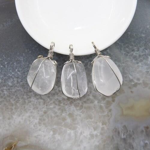 1pcs Natural Clear Crystal Polished Nugget Pendant,White Quartz Silvery Wire Wrapped Necklace For DIY Jewelry Making Accessories