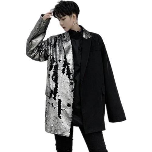 Fashion Silver Black Sequins Blazer Men Loose Casual Coat Nightclub Male Singer Stars Stage Performance Suit Jacket Overcoat