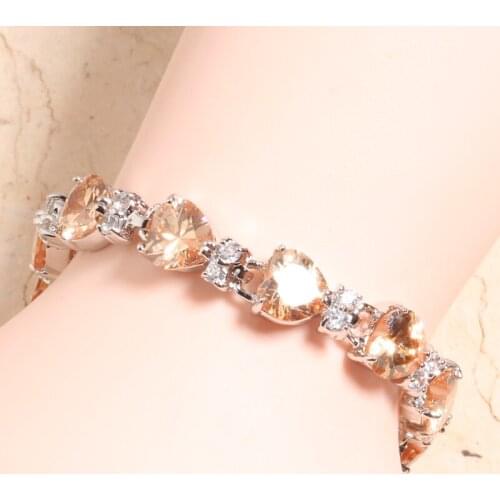 Heart Love Champagne Orange Morganite White Silver Plated Argent Link Chain Bracelet 6 7 Inch L10059