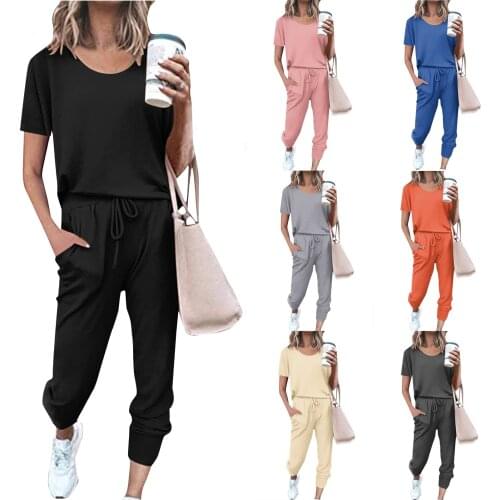 Pant Suits 2pc Women Pure Color Suit Short Sleeve Leisure Pocket Home Sweatpants Sets Ensembles Femme Спортивный Костюм Женский