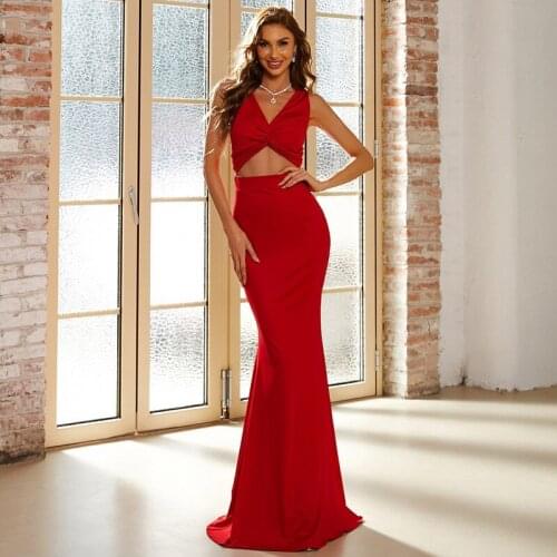 EDGLuLu Spaghetti Strap Backless Evening Party Dresses For Women 2021 Elegant High Waist Hollow Red Long Mermaid Dress 0720