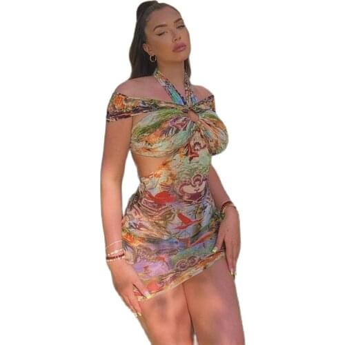 Aesthetic Halter Mini Dress Women 2021 Sexy Out Of Shoulder Backless Skinny Bodycon Cross Bandage Vacation Partywear Hot