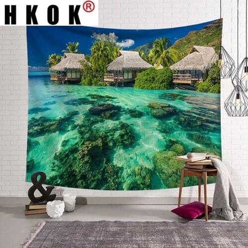 HKOK Coconut Tree Seaside Landscape Tapestry Hanging Covering Rugs Background Cloth Beach Mat Blanket Art Bedroom Living Home De