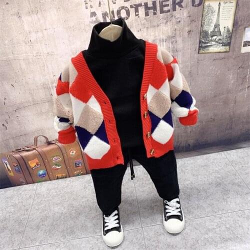 2 3 4 5 6 Y Toddler Boys Clothing Sets Fashion Diamond Plaid Knit Sweater Cardigan Thicken Shirt Plus Velvet Pants Boy Tracksuit